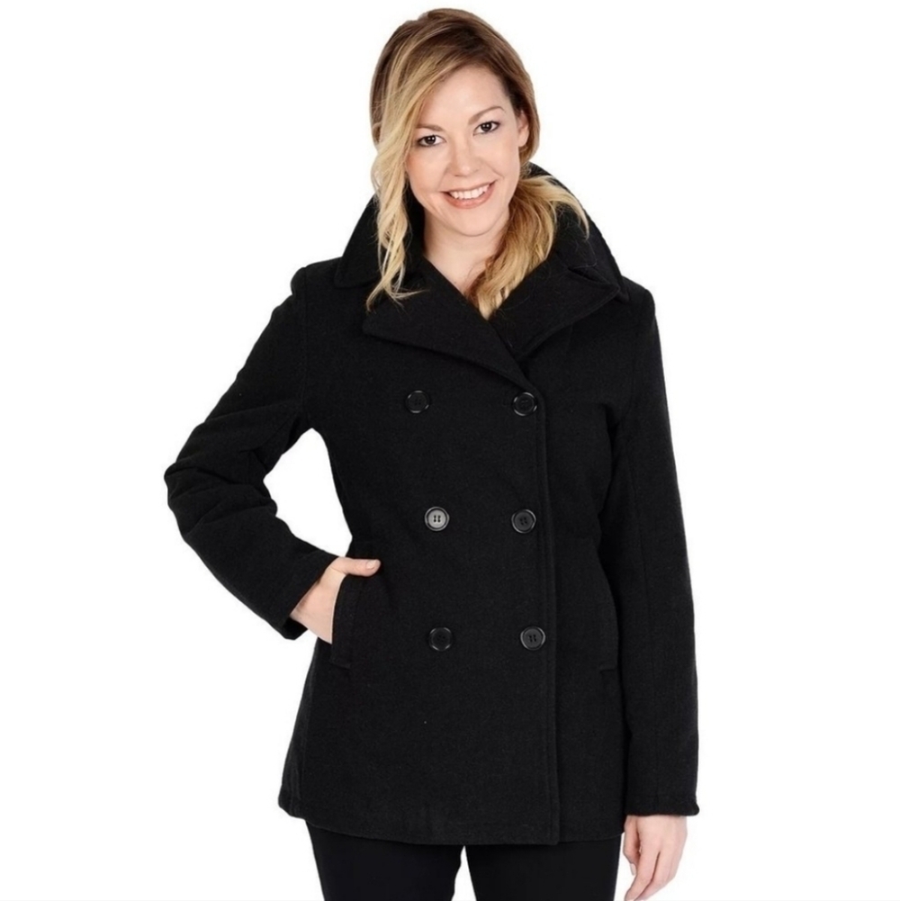Calvin Klein Wool Black Pea Coat Size 10 Women's pockets Mid Lenght - Picture 3 of 13